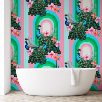 Peacocks in Miami Removable Bathroom Wallpaper
