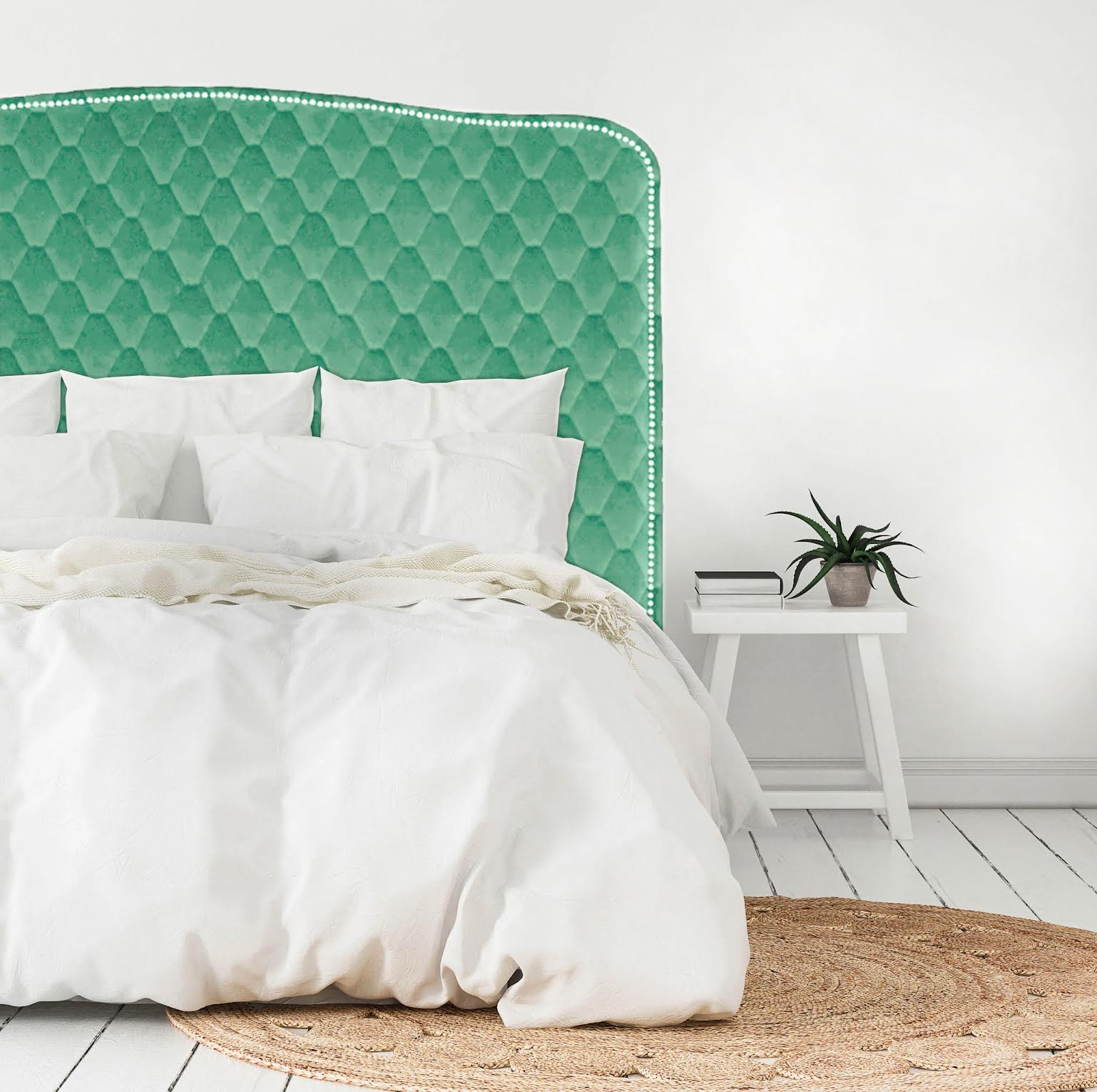 Our classic Cleveland style headboard, upholstered in a diamond stitch-patterned velvet and finished with a row of silver strip studs. NZ made, please allow 6-weeks for production.