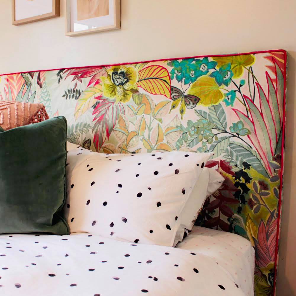 A gorgeous simple rectangle-shaped headboard, designed to be the absolute feature in the room. Upholstered in a floral velvet and piped in a contrast velvet.  NZ made. As these are made-to-order please allow 6 weeks for production.