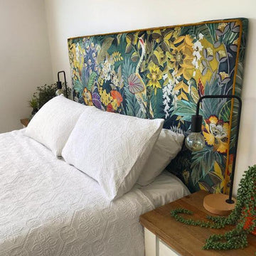 A gorgeous simple rectangle-shaped headboard, designed to be the absolute feature in the room. Upholstered in a floral velvet and piped in a contrast velvet.  NZ made. As these are made-to-order please allow 6 weeks for production.