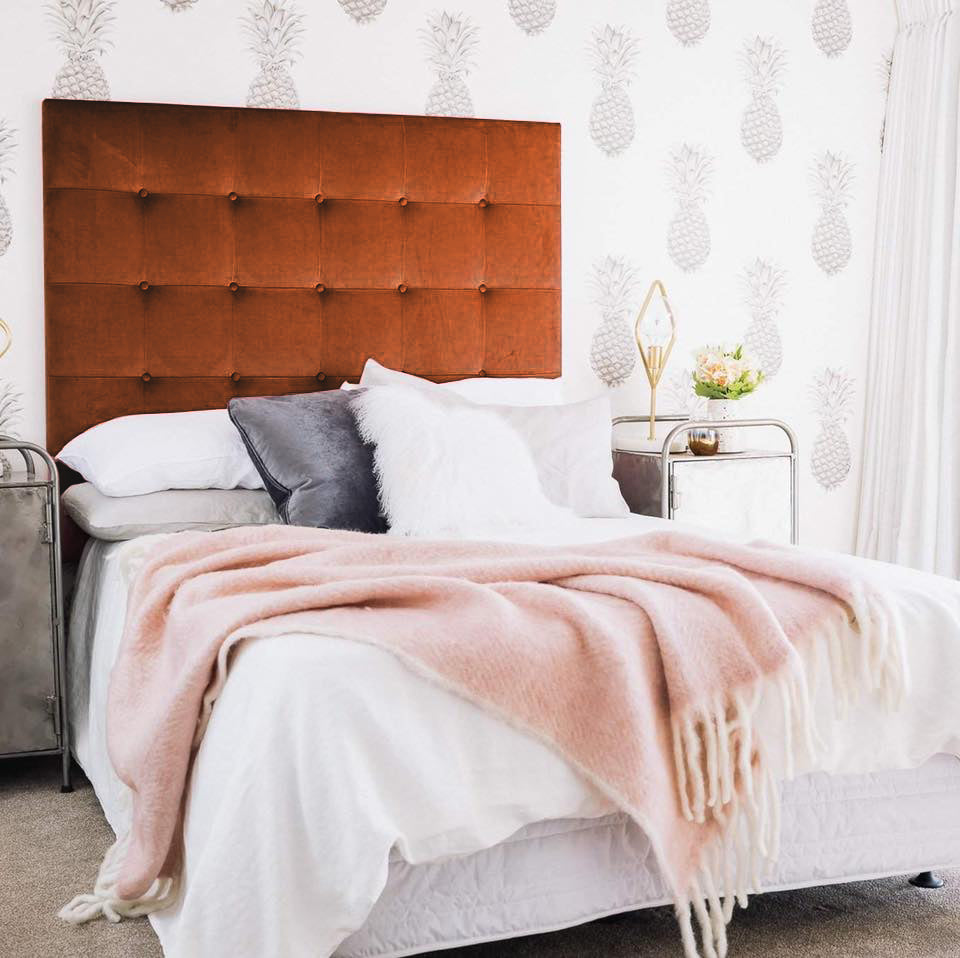 Our most popular style headboard; the Button Pop. Simple in shape with stitch lines and self-covered buttons. This style works beautifully in both contemporary and classic style homes. All our headboards are made to order in Auckland, NZ, please allow 6-8 weeks for production.