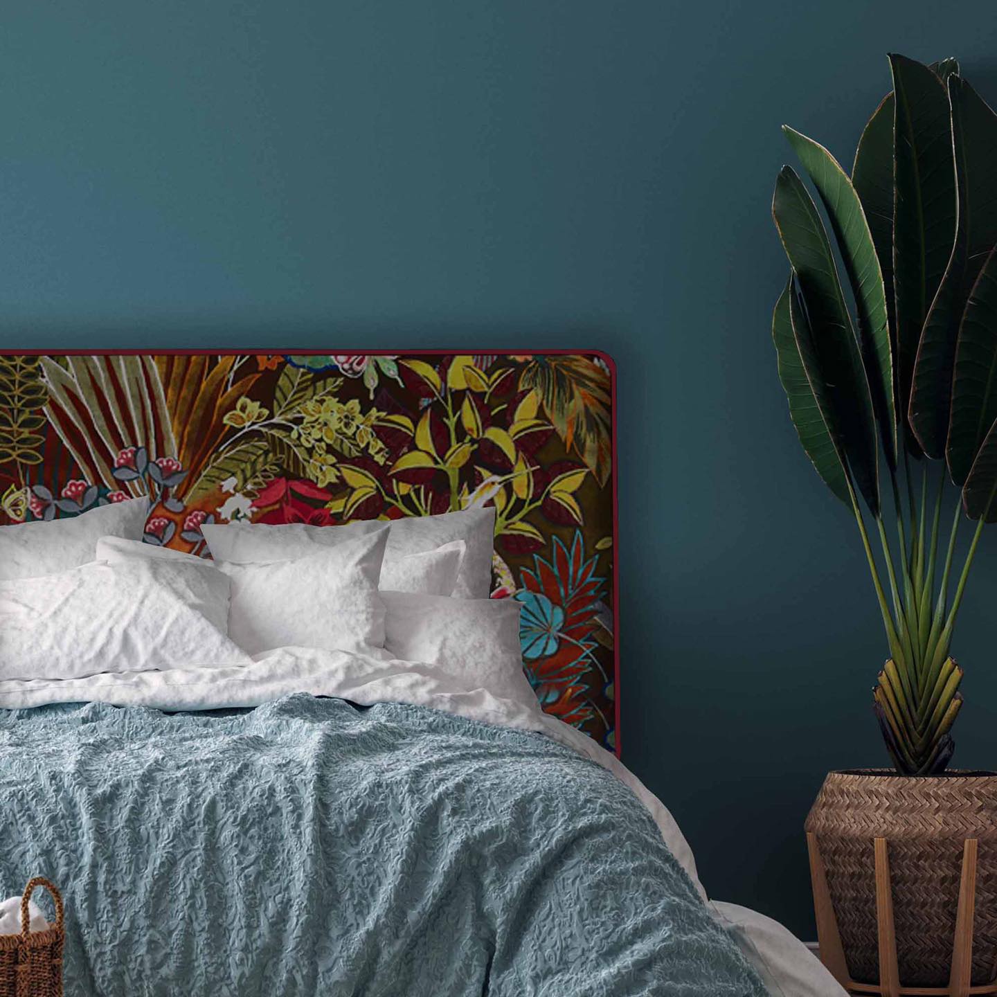 A gorgeous simple rectangle-shaped headboard, designed to be the absolute feature in the room. Upholstered in a floral velvet and piped in a contrast velvet.  NZ made. As these are made-to-order please allow 6 weeks for production.