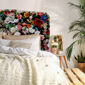 Our classic Cleveland style headboard is given a bold face-lift with the use of colourful, floral velvet. As these are made to order in NZ, please allow 6-8 weeks for production.