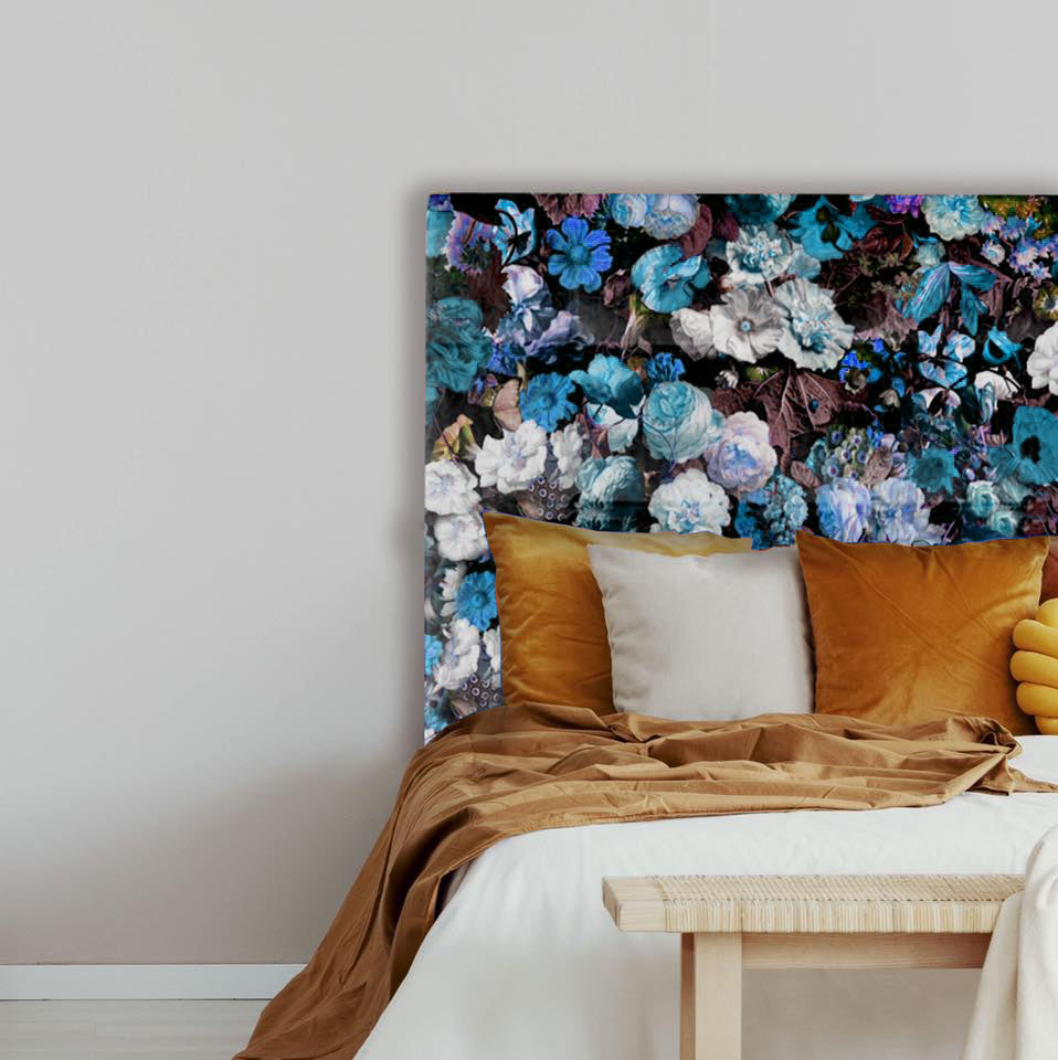 Our classic style headboard is given a bold face-lift with the use of colourful, floral velvet. As these are all made to order in NZ, please allow 6-8 weeks for production.