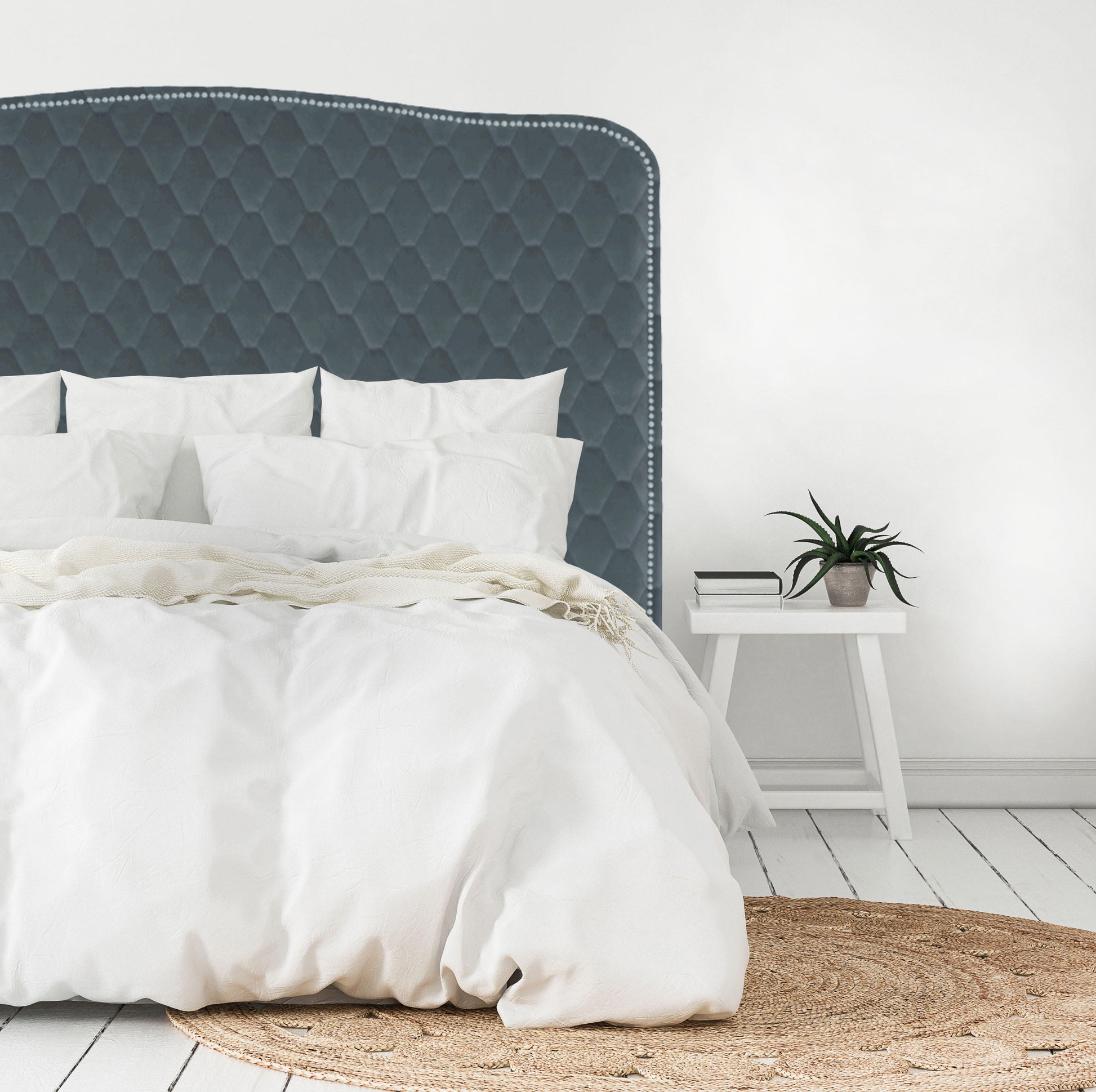 Our classic Cleveland style headboard, upholstered in a diamond stitch-patterned velvet and finished with a row of silver strip studs. NZ made, please allow 6-weeks for production.