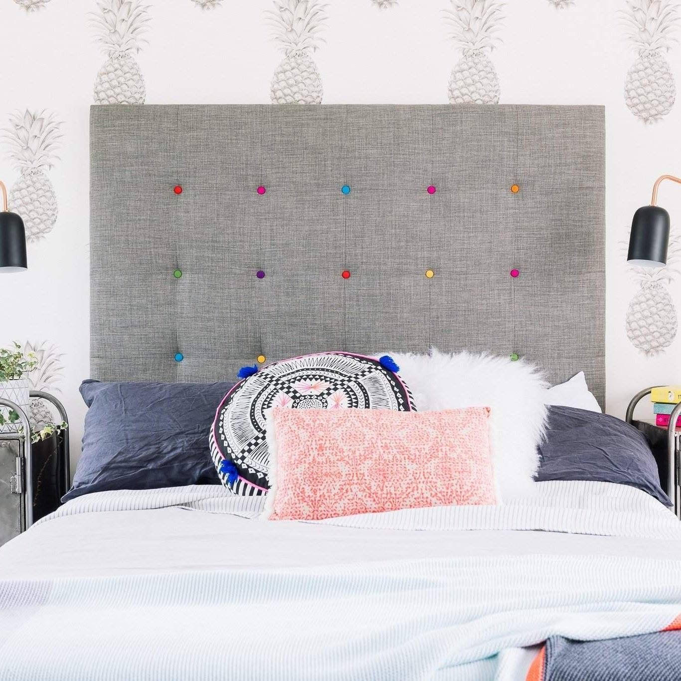 The Rainbow Button Headboard is super fun! A simple grey jacquard is the perfect background to make the bright buttons pop. Available from a Single through a California King. All our headboards are made to order in Auckland, NZ, please allow 6-8 weeks for production.
