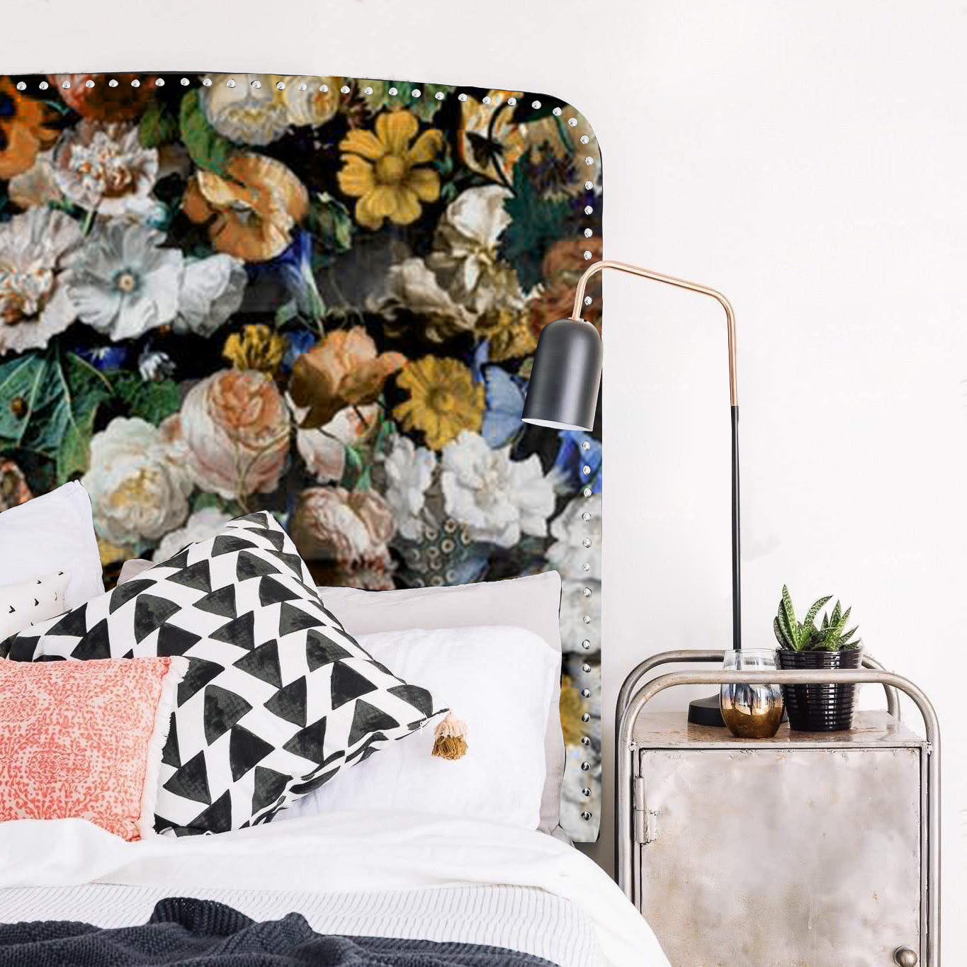 Our simple Curved Rectangle headboard has been given a boost with our bold Flower Bomb printed velvet. It is finished with a row of silver hit-and-miss studs around the edge. As these are all made to order in NZ, please allow 6-8 weeks for production.